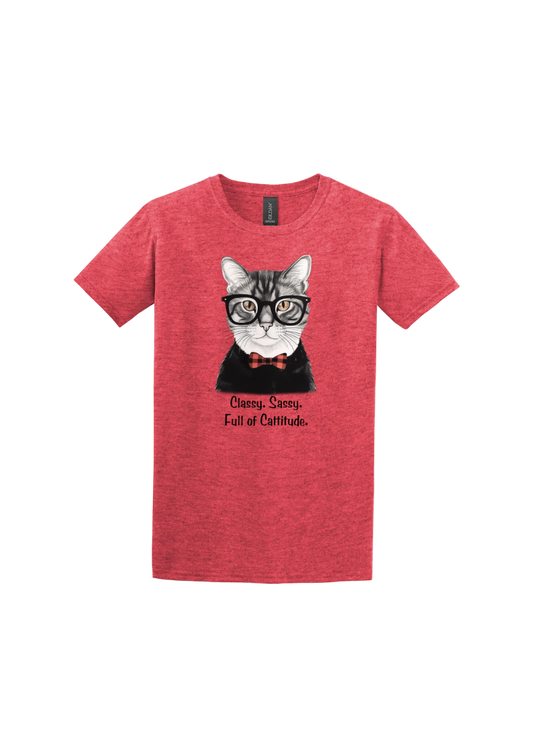 Red tshirt with text that reads 'Classy, Sassy, Full of Cattitude' beneath an image of a cat wearing a bowtie and wearing black framed glasses.