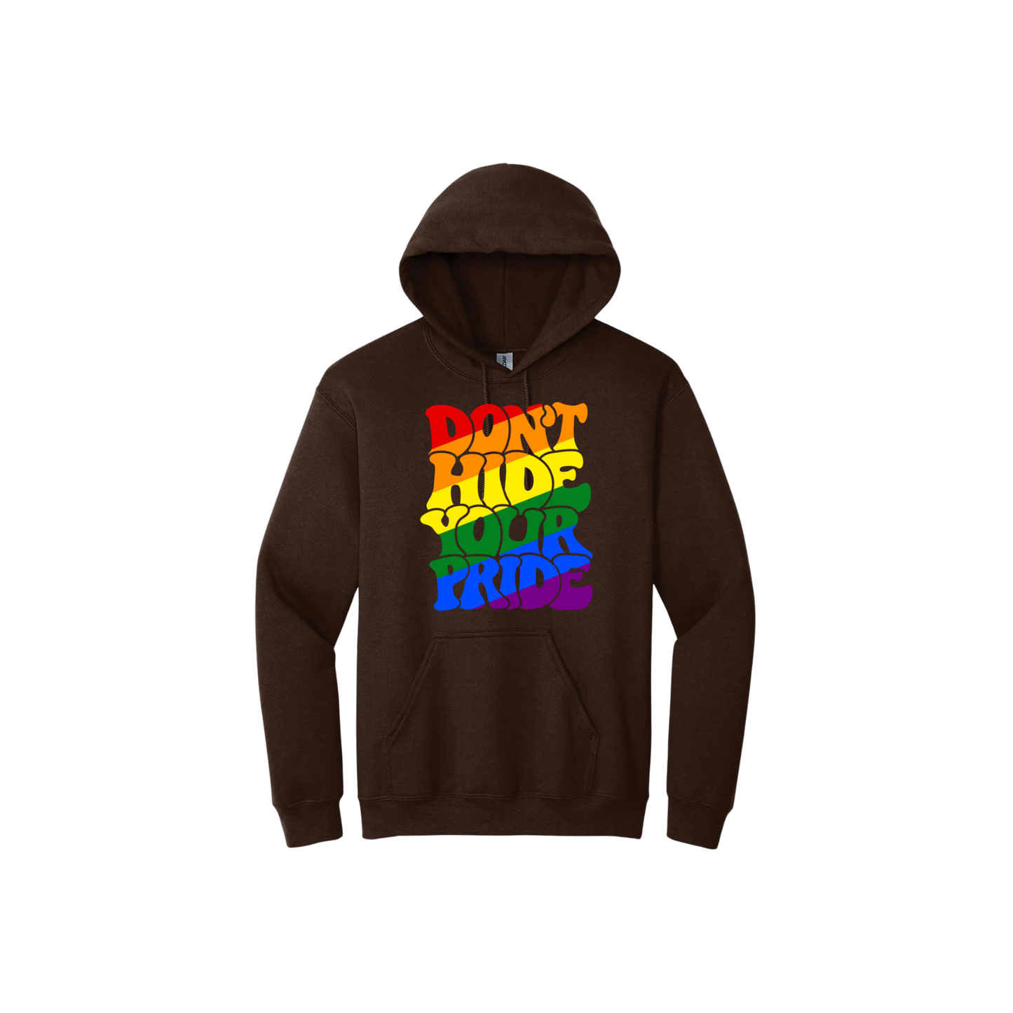 Brown hoodie with colorful text reading 'Don't Hide Your Pride'
