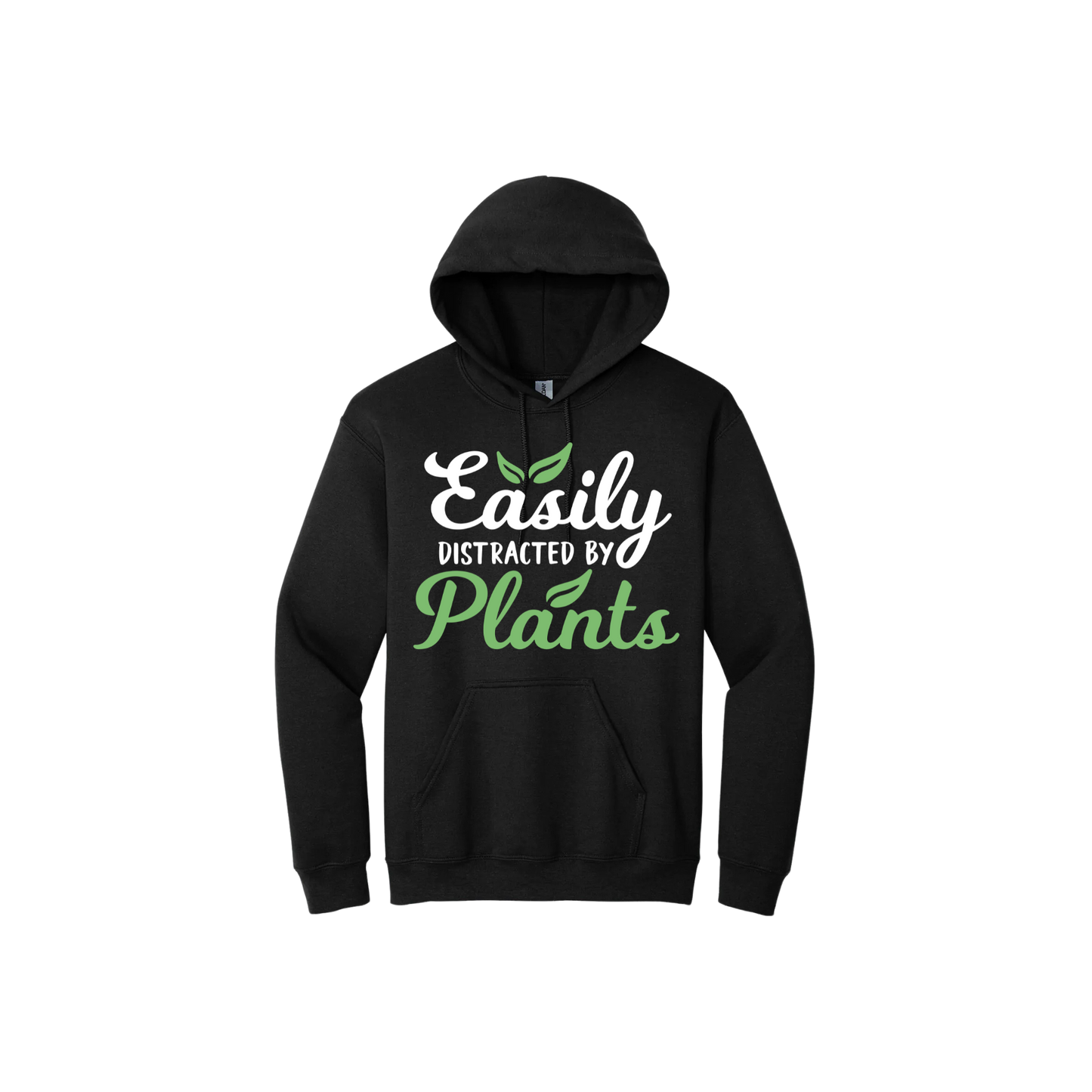 Black unisex hoodie with text reading 'Easily Distracted By Plants'.