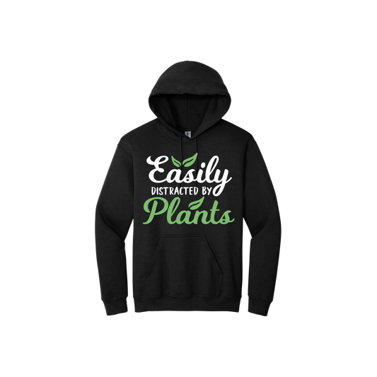 Black unisex hoodie with text reading 'Easily Distracted By Plants'.