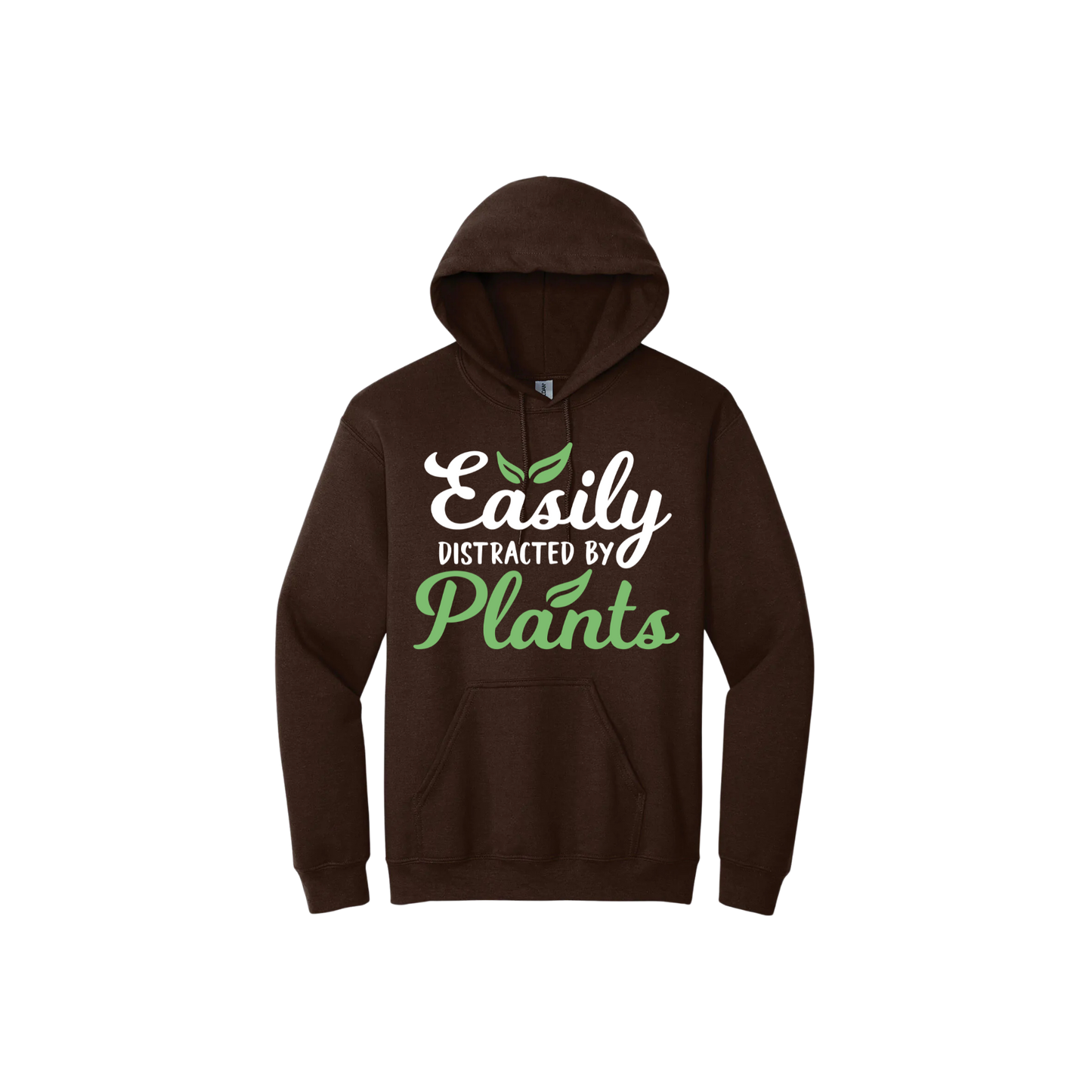 Brown unisex hoodie with text reading 'Easily Distracted By Plants'.