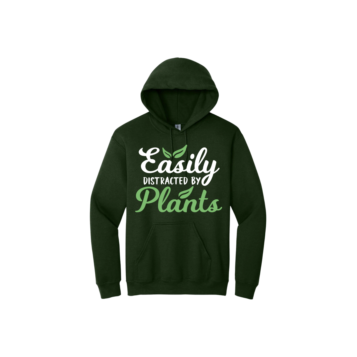 Green unisex hoodie with text reading 'Easily Distracted By Plants'.