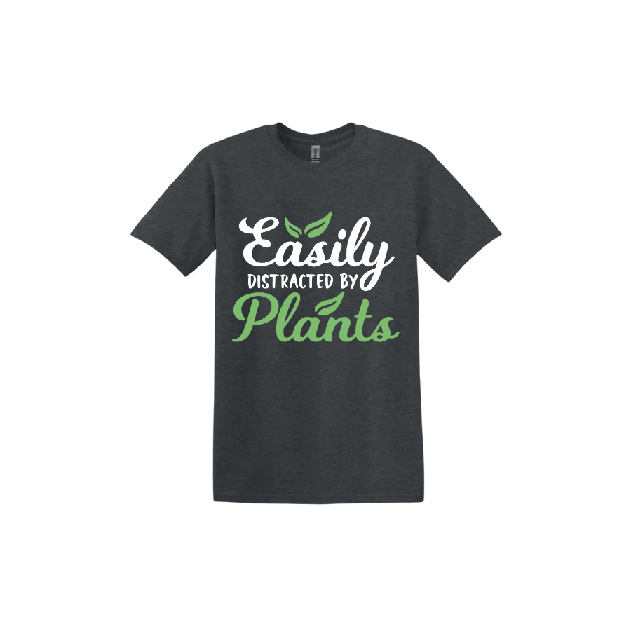 Dark heather unisex tshirt with text reading 'Easily Distracted By Plants'.