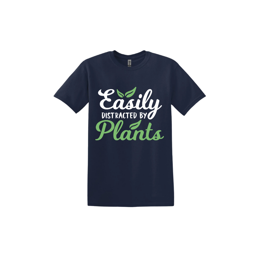 Navy unisex tshirt with text reading 'Easily Distracted By Plants'.