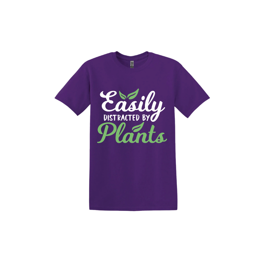 Purple unisex tshirt with text reading 'Easily Distracted By Plants'.