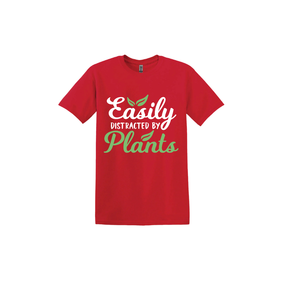 Red unisex tshirt with text reading 'Easily Distracted By Plants'.