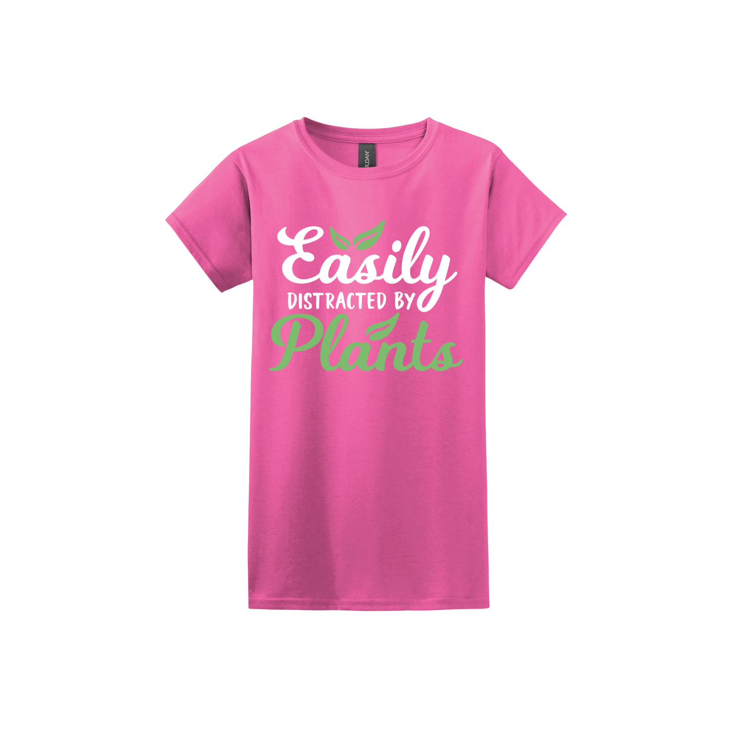 Azalea womens tshirt with text reading 'Easily Distracted By Plants'.