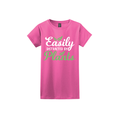 Azalea womens tshirt with text reading 'Easily Distracted By Plants'.