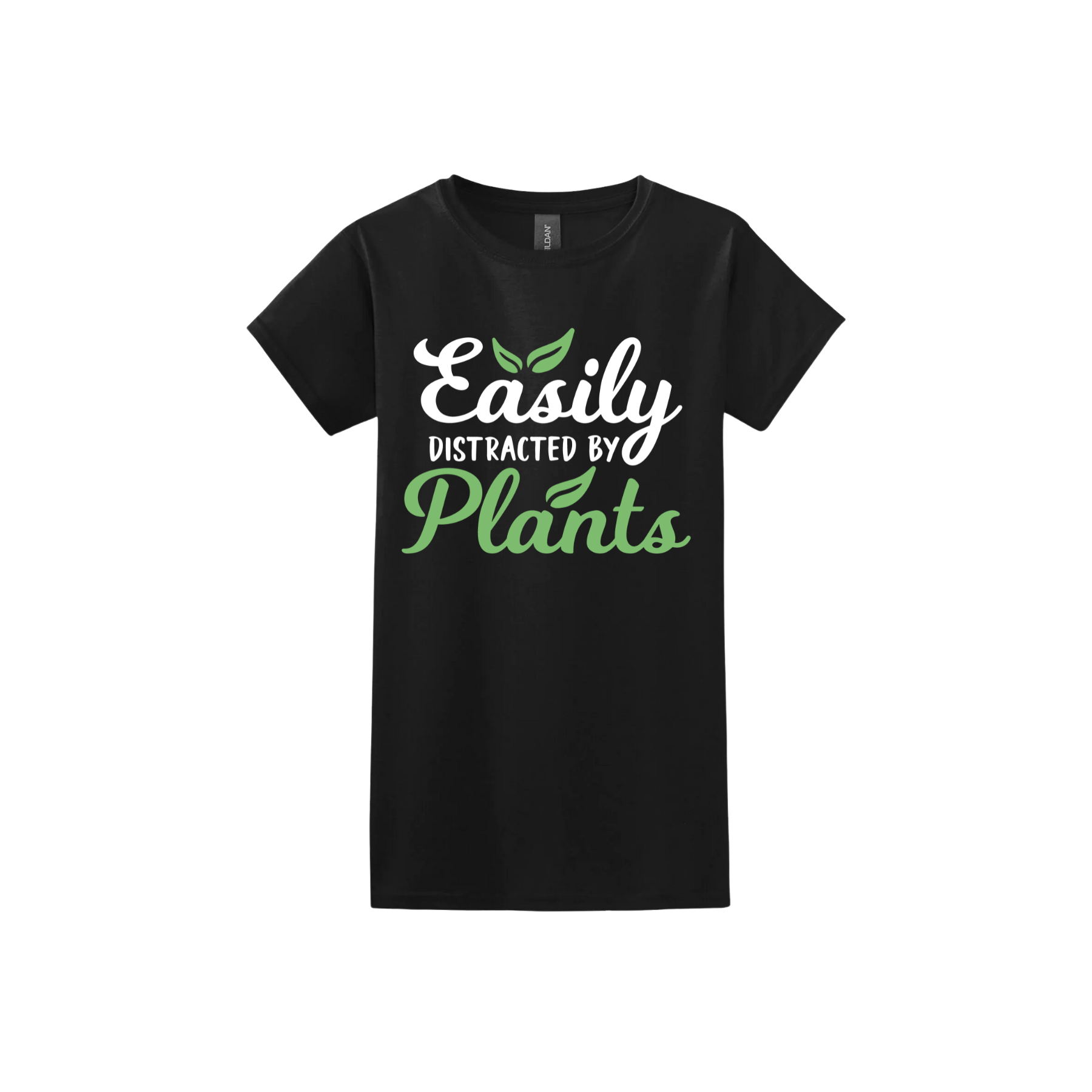 Black womens tshirt with text reading 'Easily Distracted By Plants'.