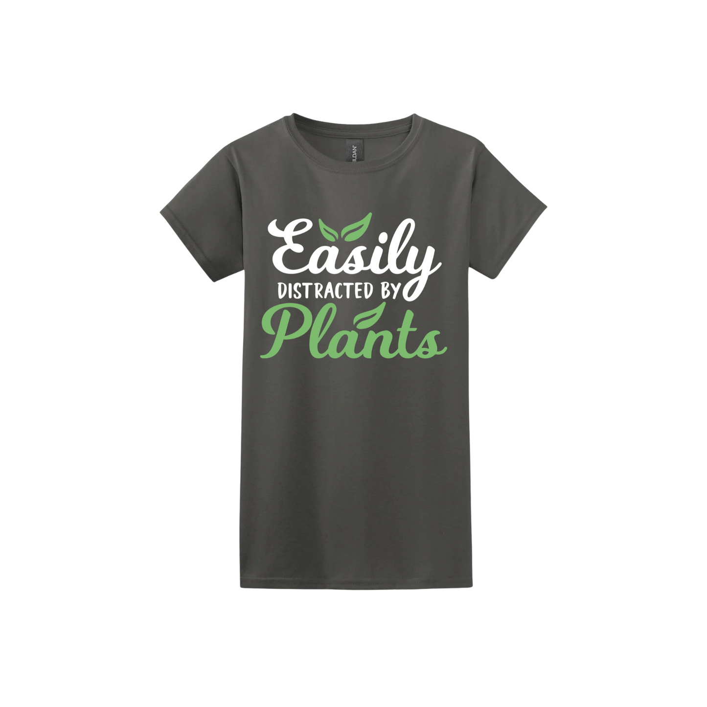 Charcoal womens tshirt with text reading 'Easily Distracted By Plants'.