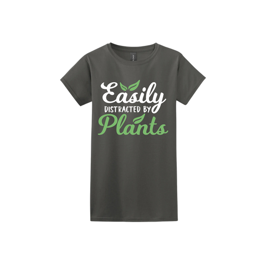 Charcoal womens tshirt with text reading 'Easily Distracted By Plants'.