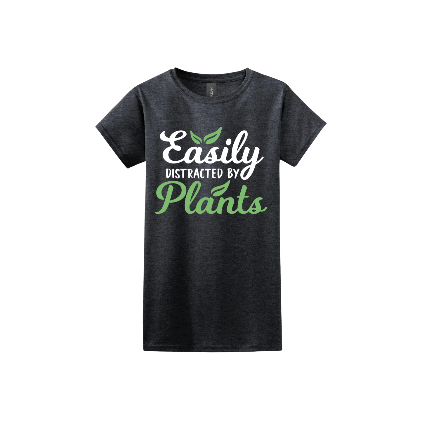 Dark heather womens tshirt with text reading 'Easily Distracted By Plants'.