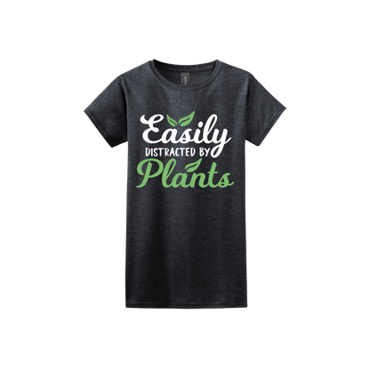Dark heather womens tshirt with text reading 'Easily Distracted By Plants'.