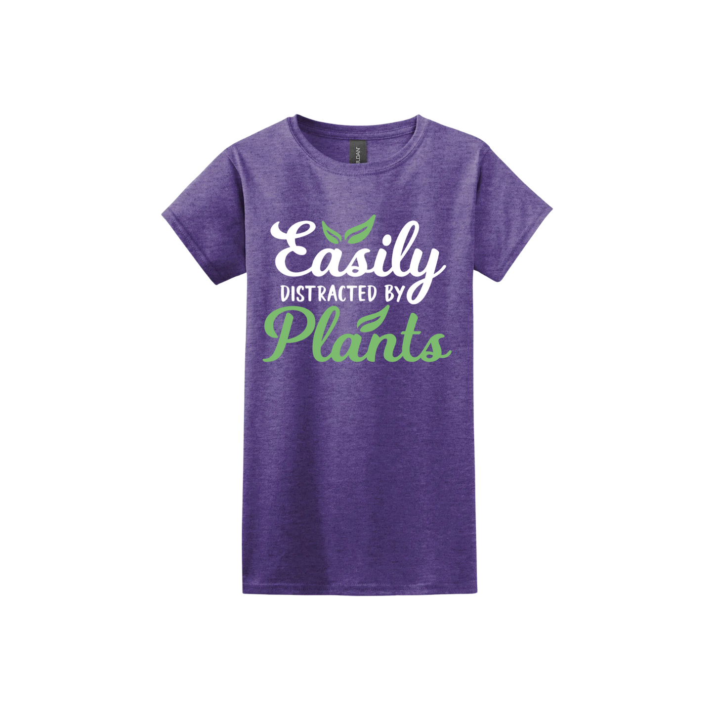 Heather purple womens tshirt with text reading 'Easily Distracted By Plants'.