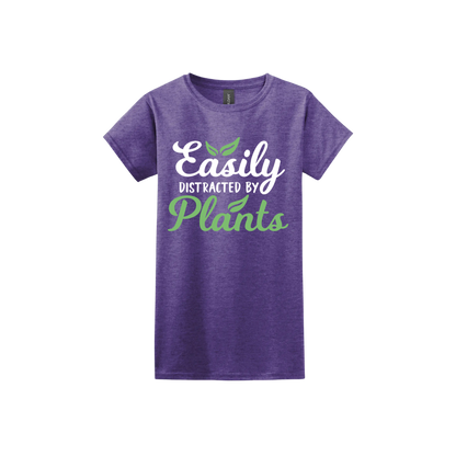 Heather purple womens tshirt with text reading 'Easily Distracted By Plants'.