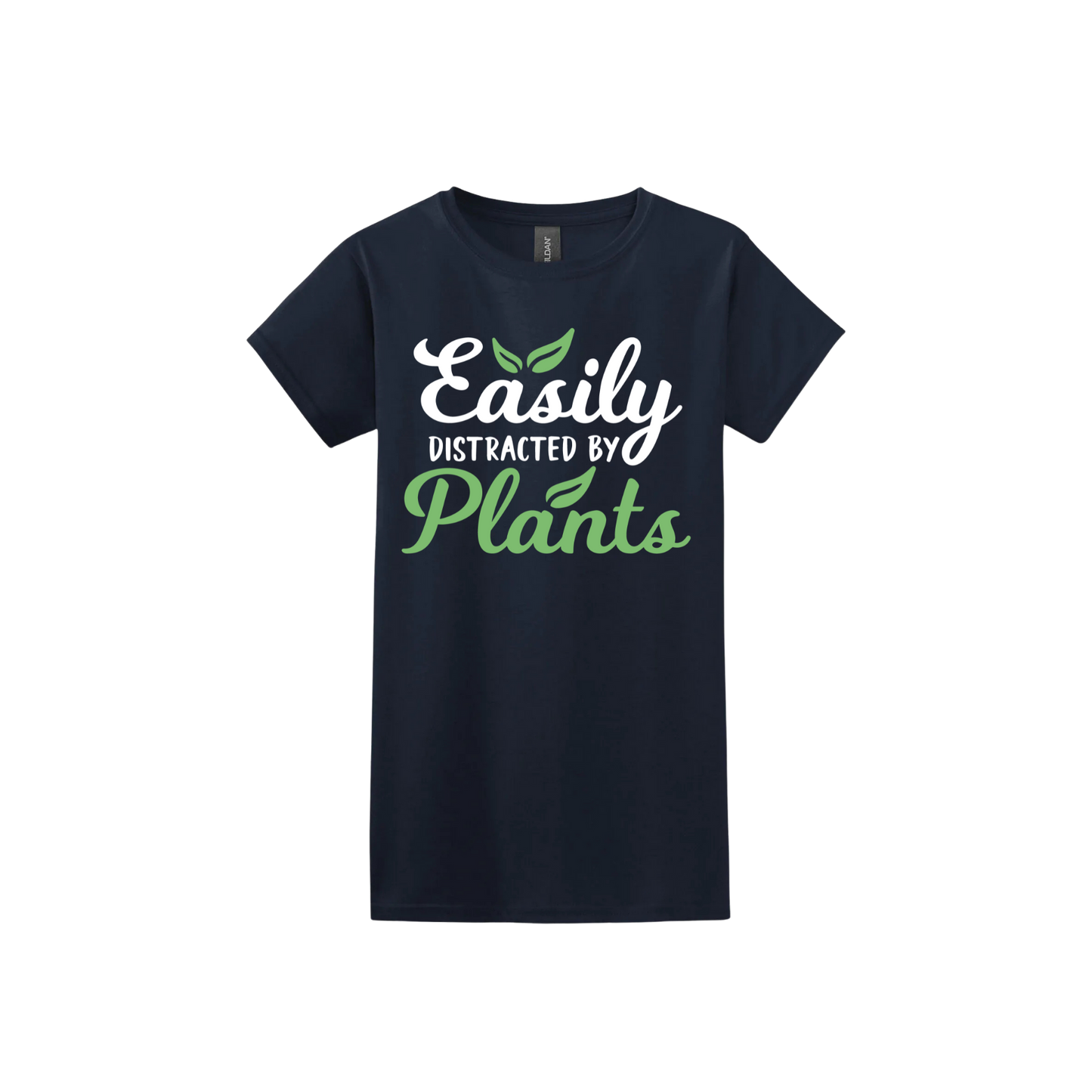 Navy womens tshirt with text reading 'Easily Distracted By Plants'.