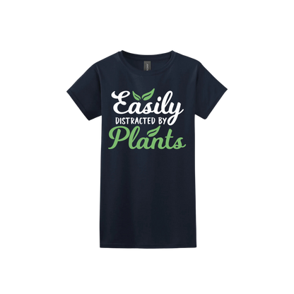 Navy womens tshirt with text reading 'Easily Distracted By Plants'.