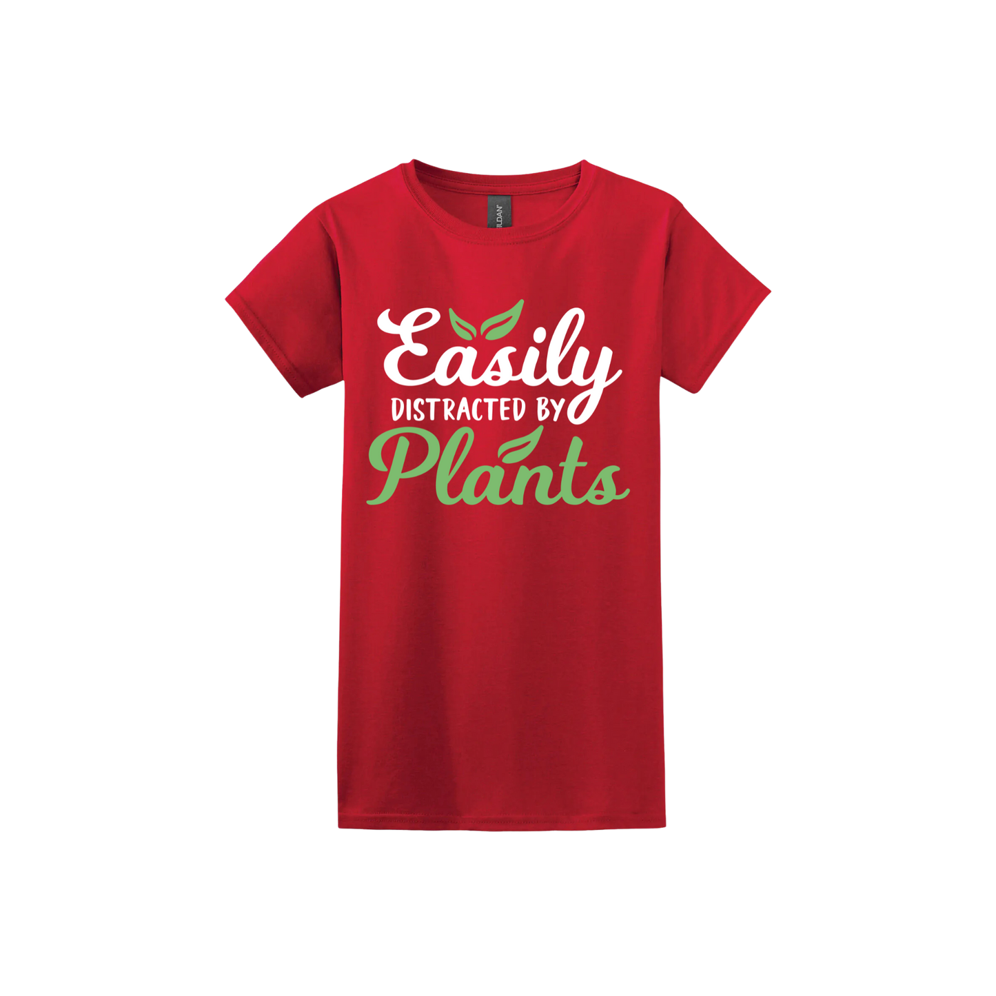 Red womens tshirt with text reading 'Easily Distracted By Plants'.