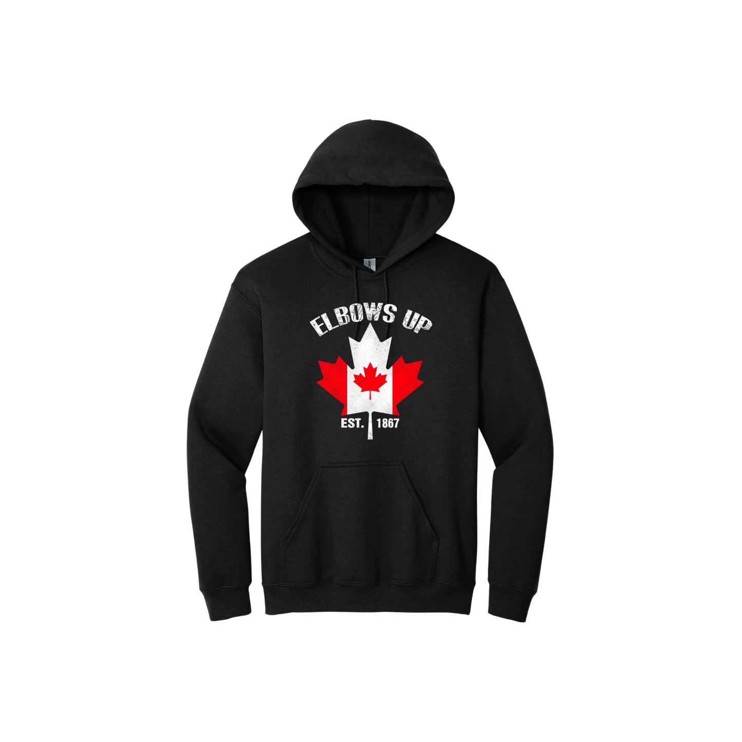 Black unisex hoodie with text reading "Elbows Up Est. 1867" with a maple leaf graphic in the center containing the Canadian flag.