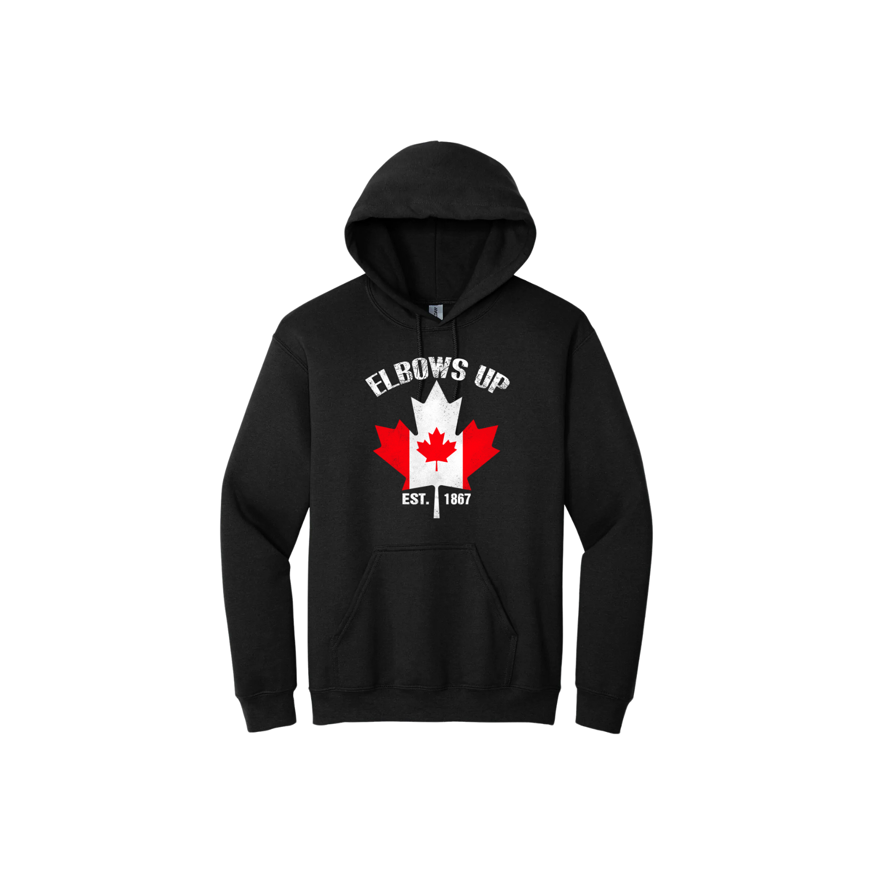Black unisex hoodie with text reading "Elbows Up Est. 1867" with a maple leaf graphic in the center containing the Canadian flag.