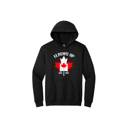 Black unisex hoodie with text reading "Elbows Up Est. 1867" with a maple leaf graphic in the center containing the Canadian flag.
