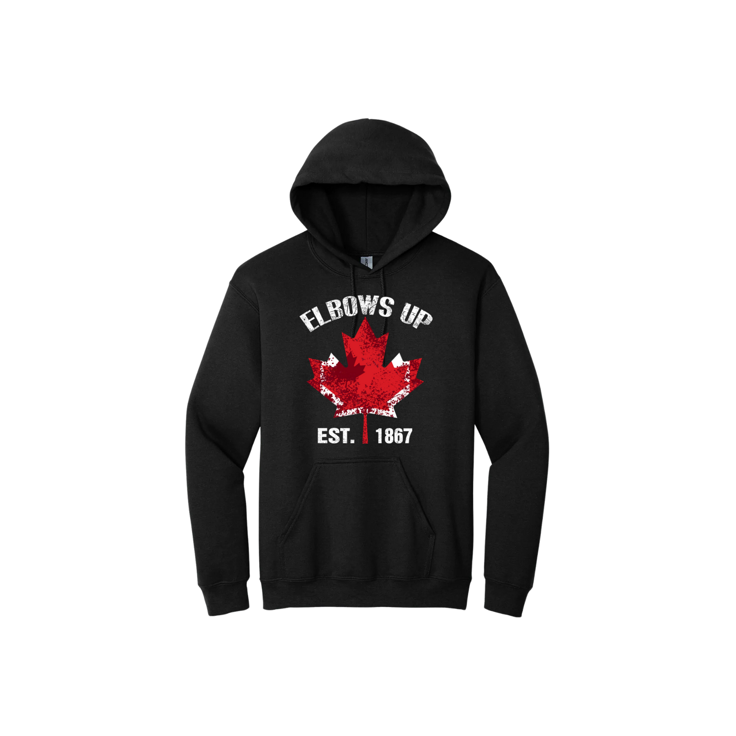 Black unisex hoodie with text reading "Elbows Up Est. 1867" with a maple leaf graphic in the center.