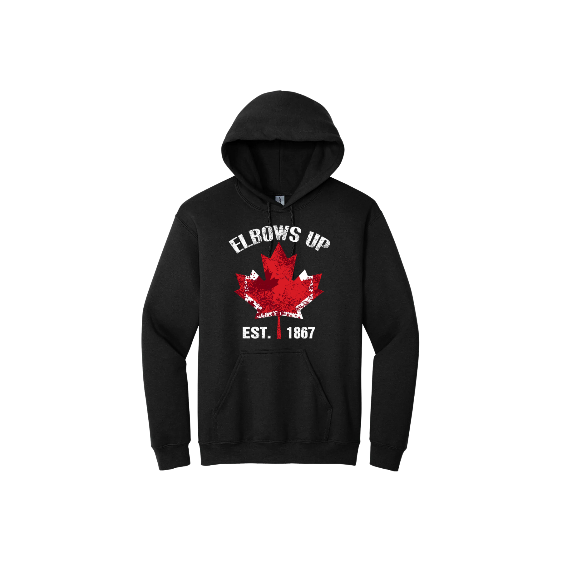 Black unisex hoodie with text reading "Elbows Up Est. 1867" with a maple leaf graphic in the center.