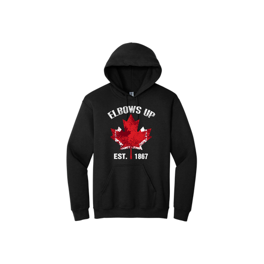 Black unisex hoodie with text reading "Elbows Up Est. 1867" with a maple leaf graphic in the center.
