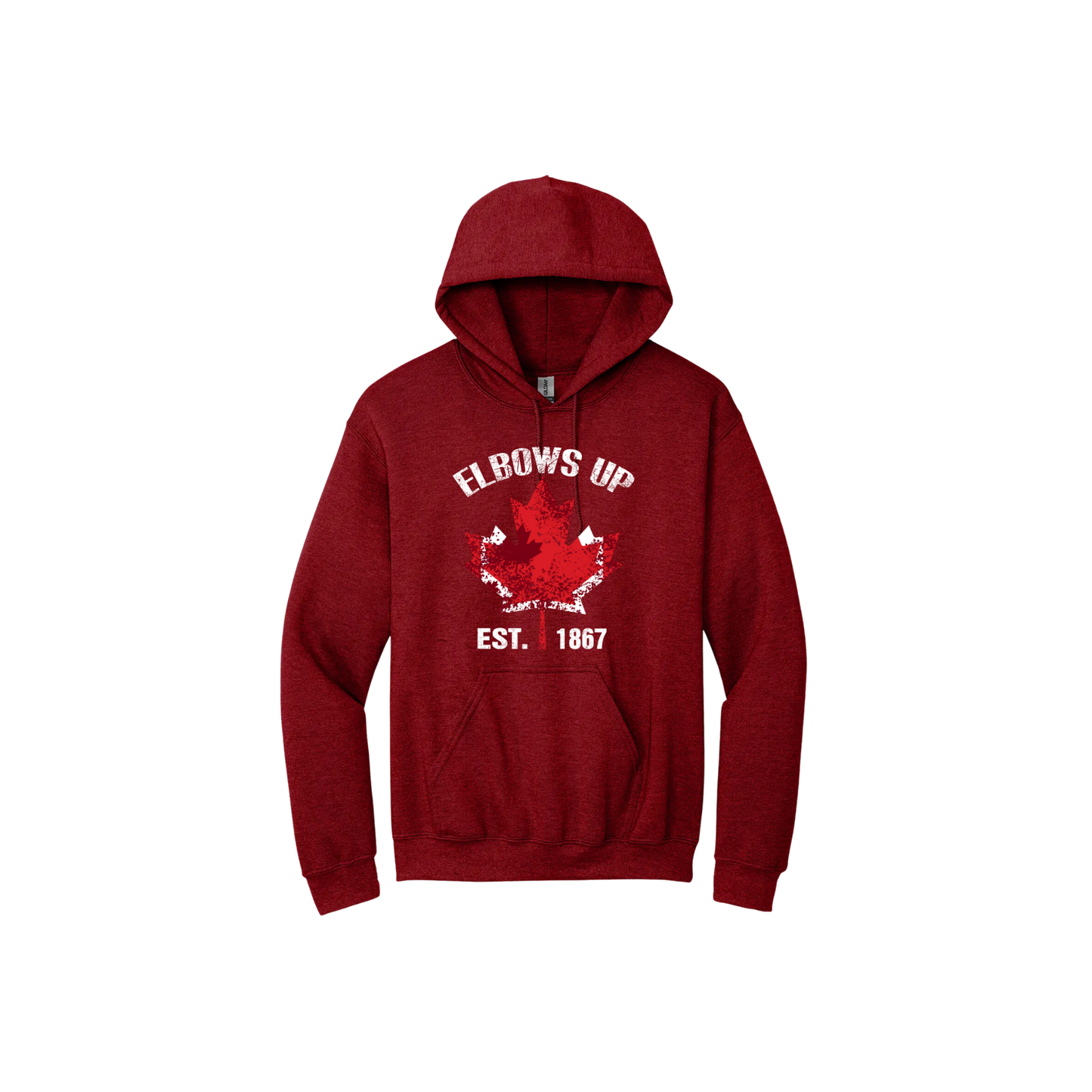 Red unisex hoodie with text reading "Elbows Up Est. 1867" with a maple leaf graphic in the center.