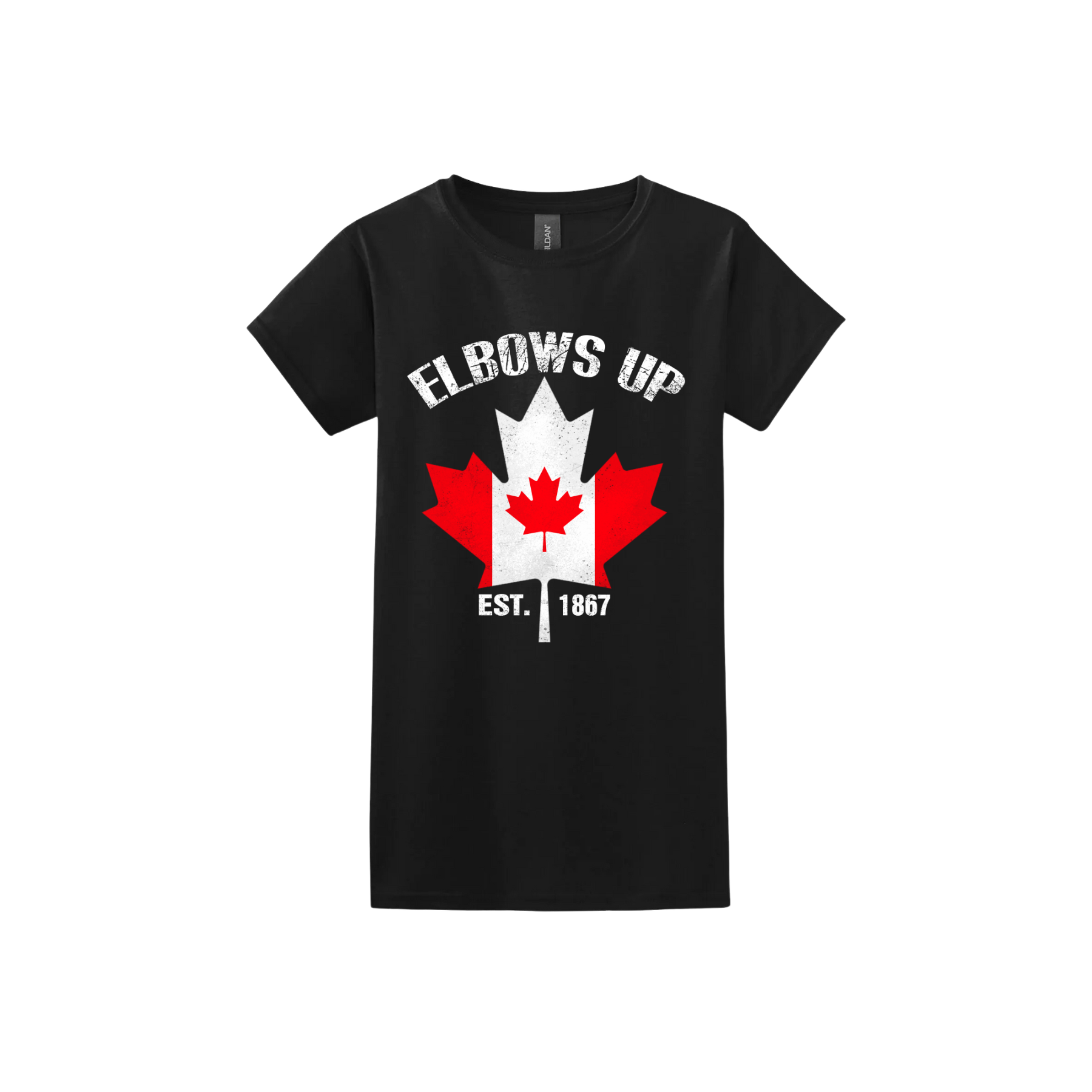 Black tshirt with the Canadian flag in the shape of a maple leaf above text that reads "Est. 1867" along side text that reads "Elbows Up"