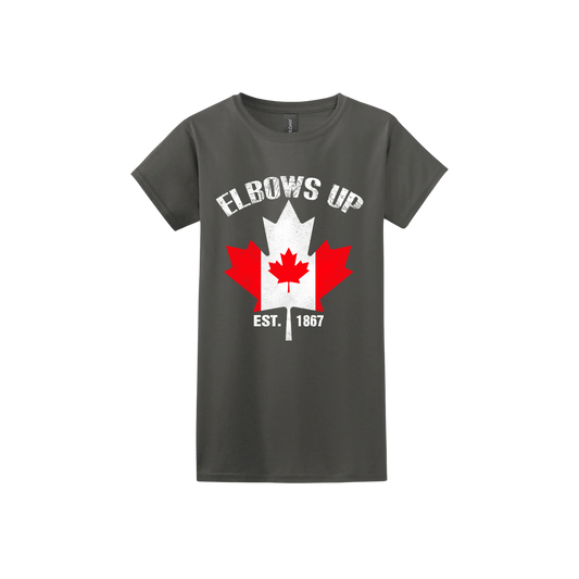 Charcoal tshirt with the Canadian flag in the shape of a maple leaf above text that reads "Est. 1867" along side text that reads "Elbows Up"