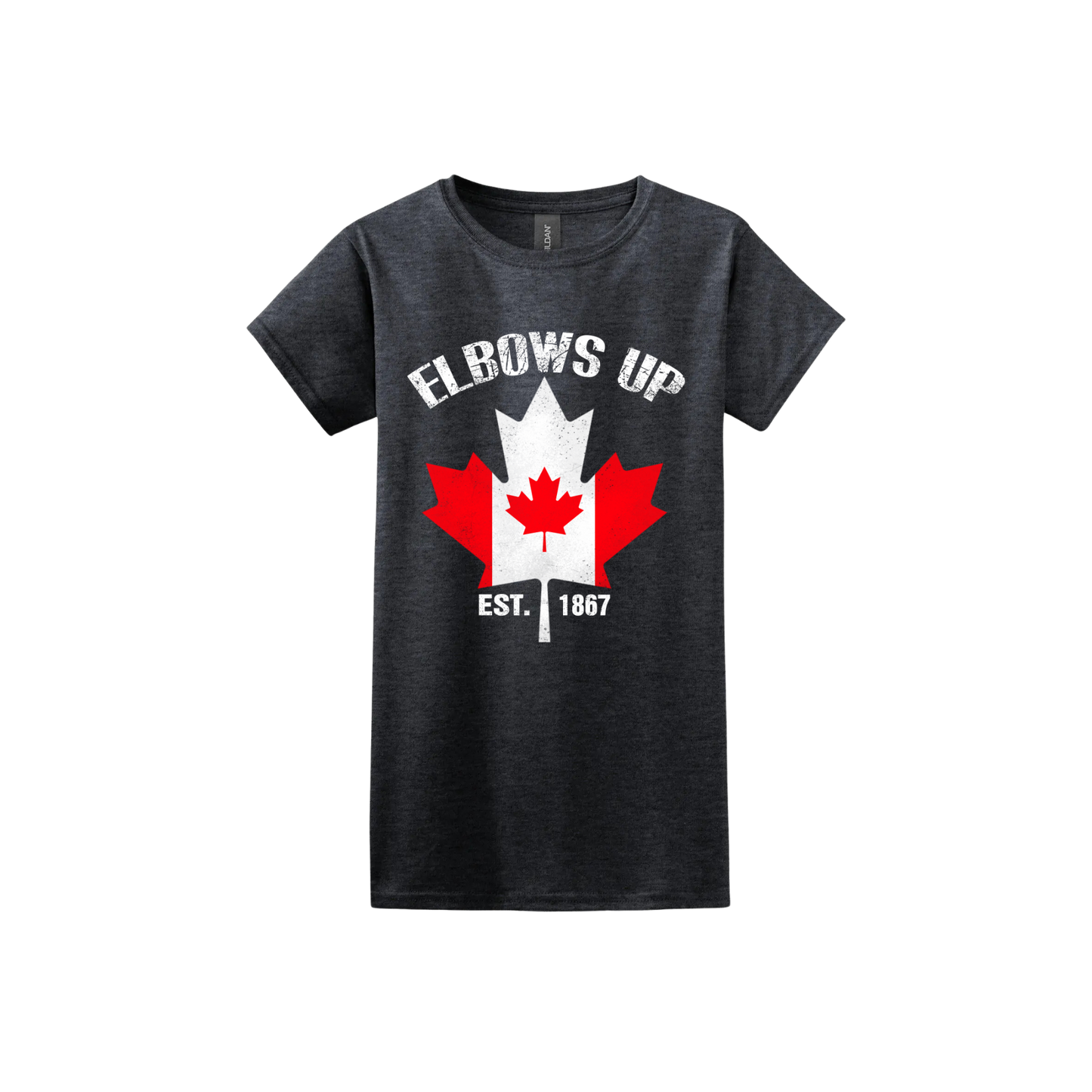 Dark heather tshirt with the Canadian flag in the shape of a maple leaf above text that reads "Est. 1867" along side text that reads "Elbows Up"