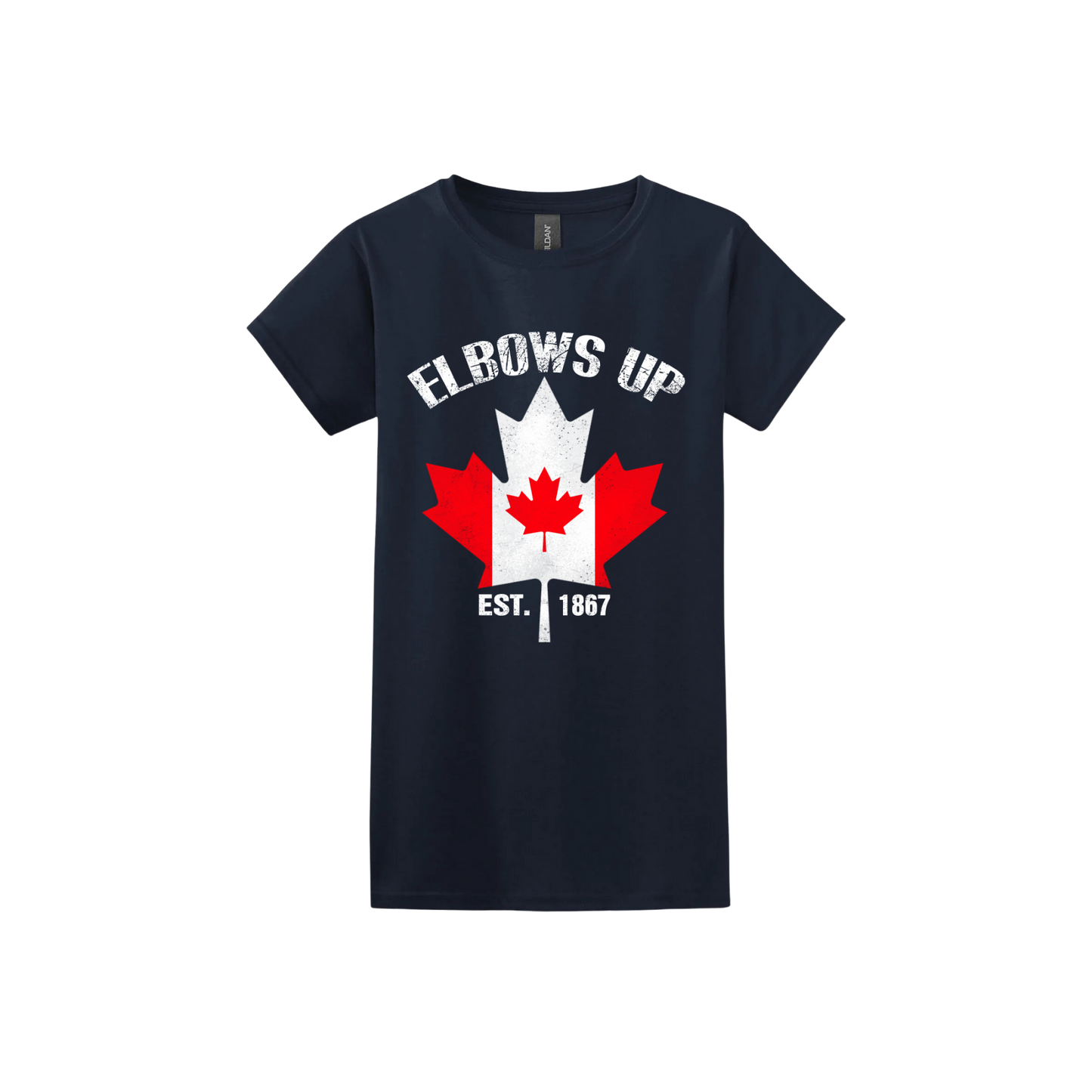 Navy tshirt with the Canadian flag in the shape of a maple leaf above text that reads "Est. 1867" along side text that reads "Elbows Up"