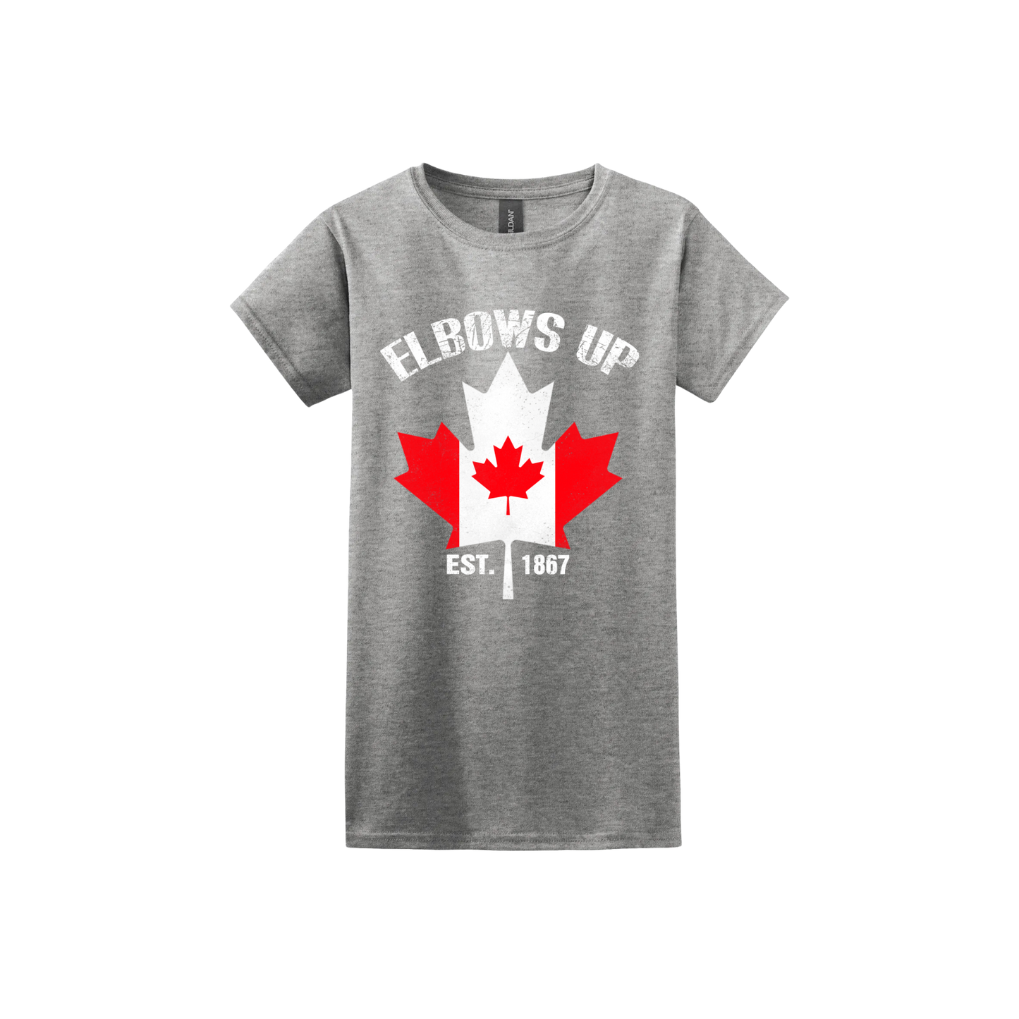 Sport grey tshirt with the Canadian flag in the shape of a maple leaf above text that reads "Est. 1867" along side text that reads "Elbows Up"