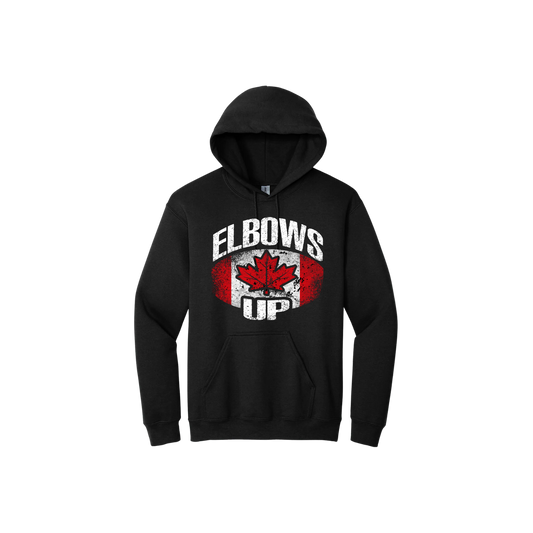 Black unisex hoodie featuring the Canadian flag between text that reads 'Elbows Up'.