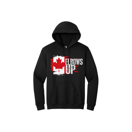 Black unisex hoodie featuring text that reads 'Elbows Up' featuring the Canadian flag.