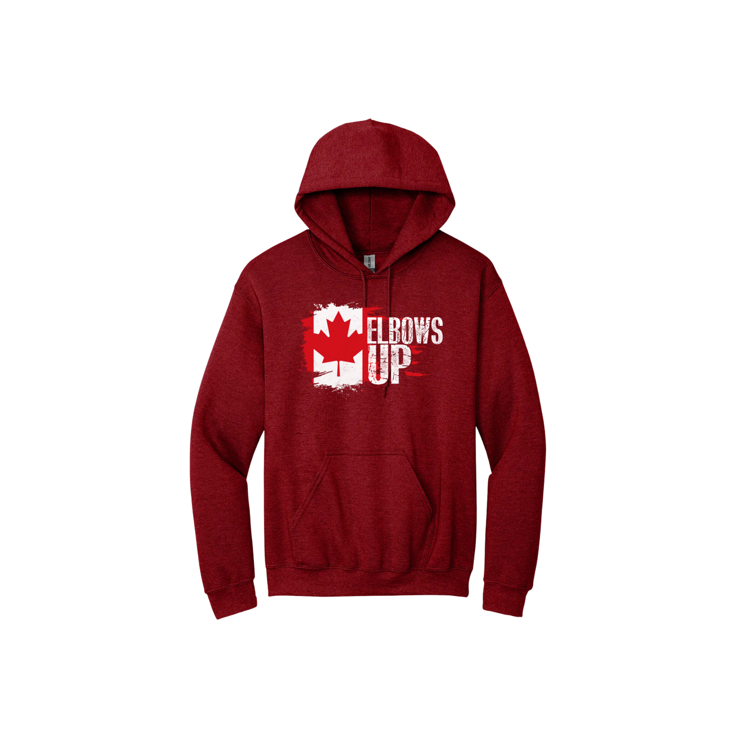 Red unisex hoodie featuring text that reads 'Elbows Up' featuring the Canadian flag.