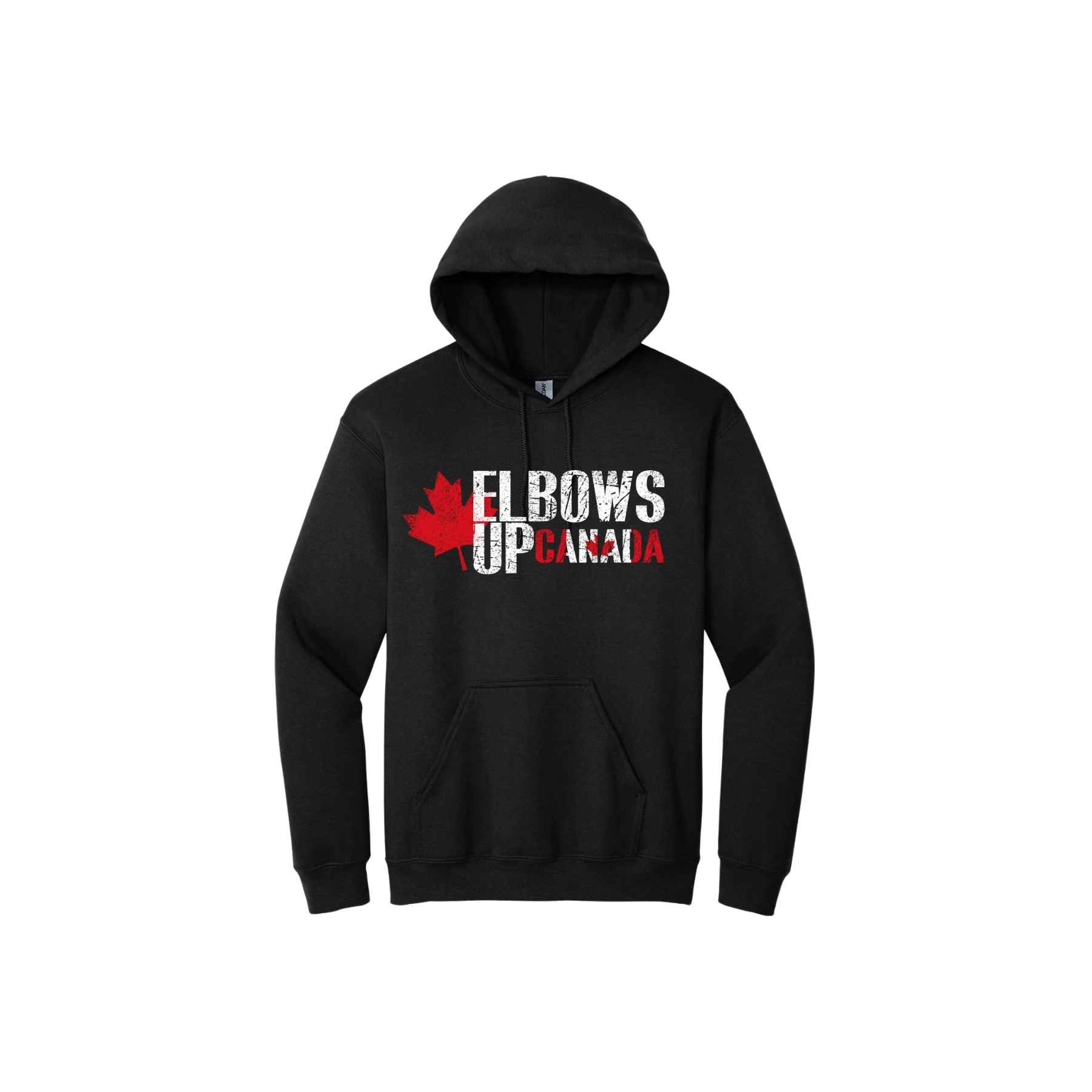 Black unisex hoodie with text 'Elbows Up Canada' with a graphic of a red maple leaf.