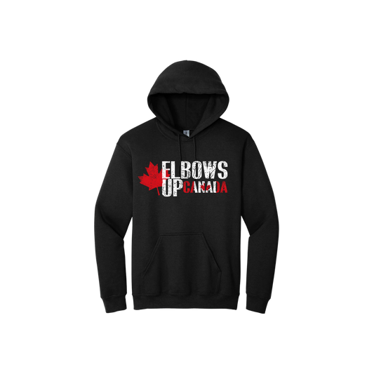Black unisex hoodie with text 'Elbows Up Canada' with a graphic of a red maple leaf.