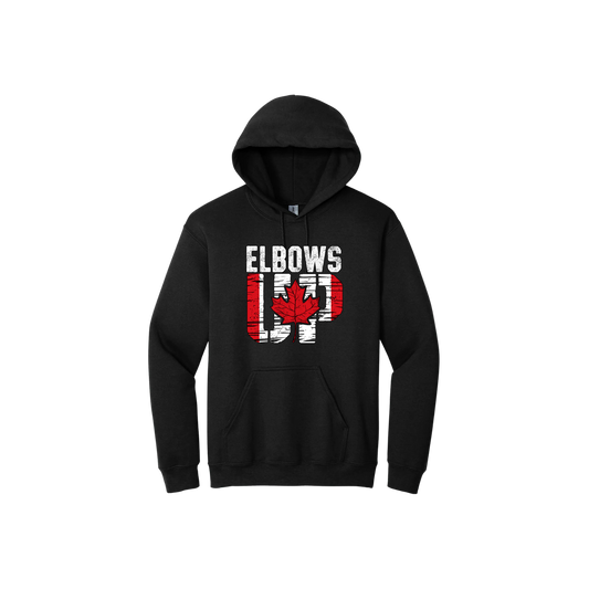 Black unisex hoodie featuring text that reads 'Elbows Up' with a red maple leaf in the center of 'Up' and the Canadian flag within the 'Up'.