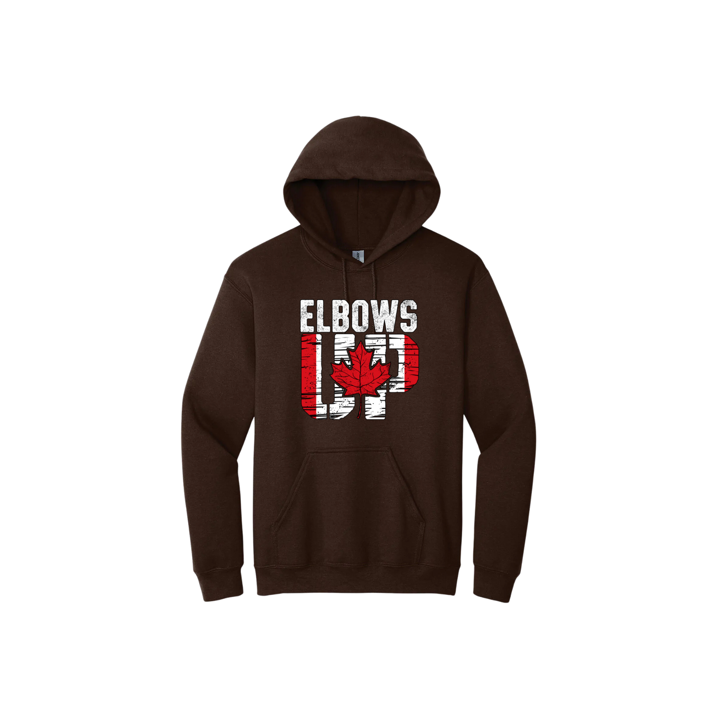 Brown unisex hoodie featuring text that reads 'Elbows Up' with a red maple leaf in the center of 'Up' and the Canadian flag within the 'Up'.