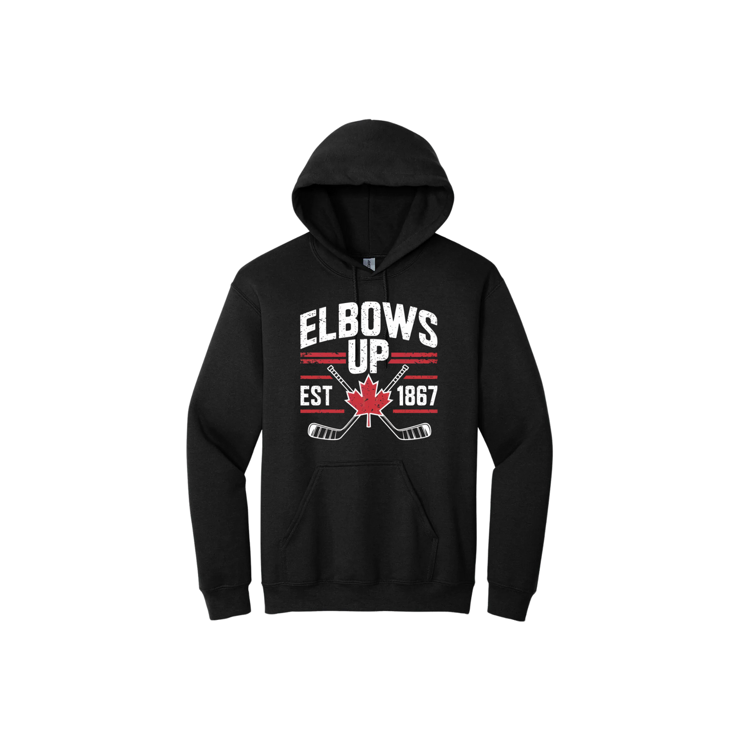 Black unisex hoodie with text that reads 'Elbows up est. 1867' and features maple leaf in the center, and hockey stick graphics.