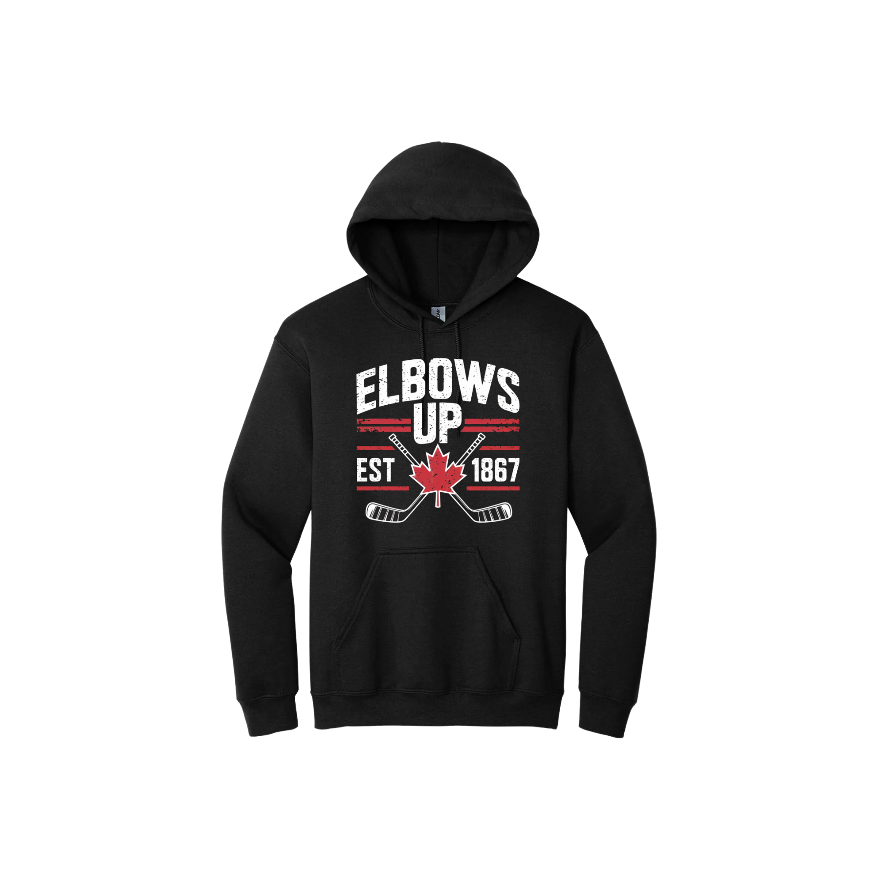 Black unisex hoodie with text that reads 'Elbows up est. 1867' and features maple leaf in the center, and hockey stick graphics.