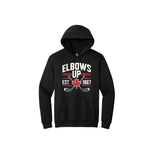 Black unisex hoodie with text that reads 'Elbows up est. 1867' and features maple leaf in the center, and hockey stick graphics.