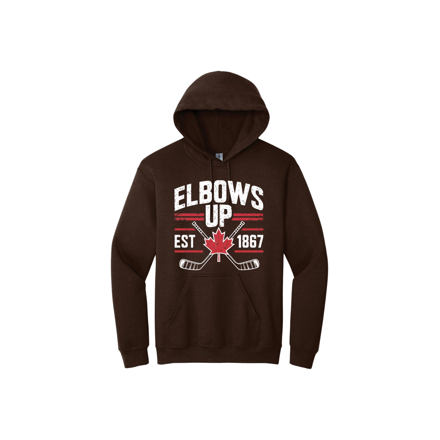 Brown unisex hoodie with text that reads 'Elbows up est. 1867' and features maple leaf in the center, and hockey stick graphics.