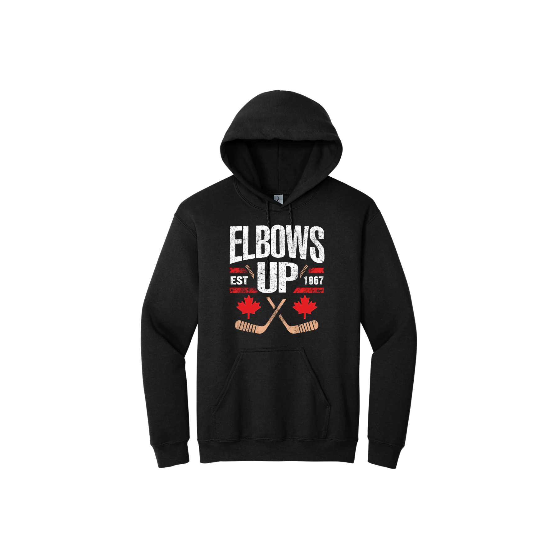 Black unisex hoodie with text that reads 'Elbows up est. 1867' and features maple leaf and hockey stick graphics.