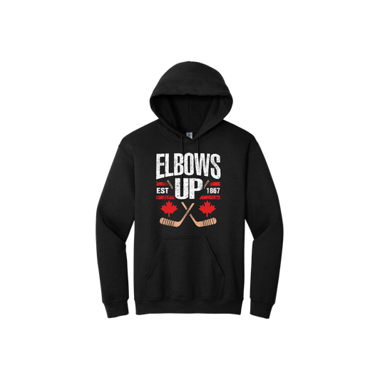 Black unisex hoodie with text that reads 'Elbows up est. 1867' and features maple leaf and hockey stick graphics.