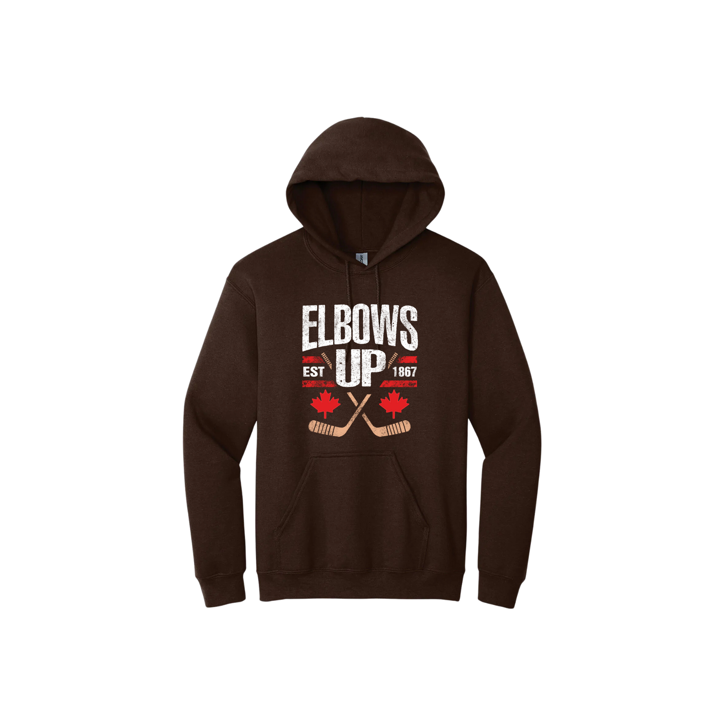 Brown unisex hoodie with text that reads 'Elbows up est. 1867' and features maple leaf and hockey stick graphics.