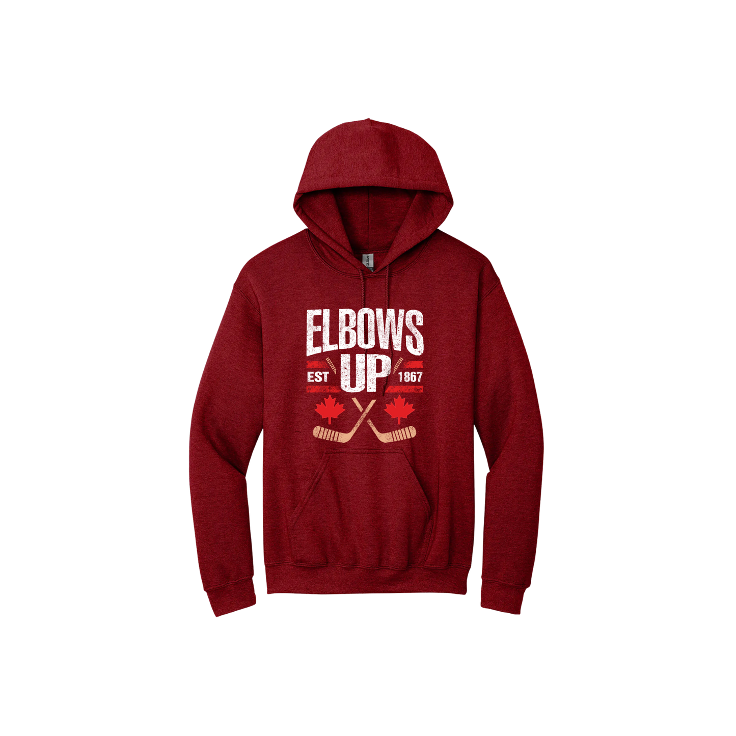 Red unisex hoodie with text that reads 'Elbows up est. 1867' and features maple leaf and hockey stick graphics.