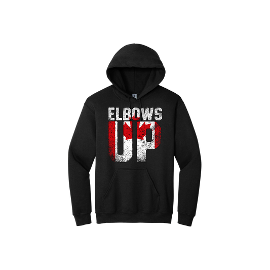 Black unisex hoodie featuring text that reads 'Elbows Up'. The text is overlayed with the Canadian flag.